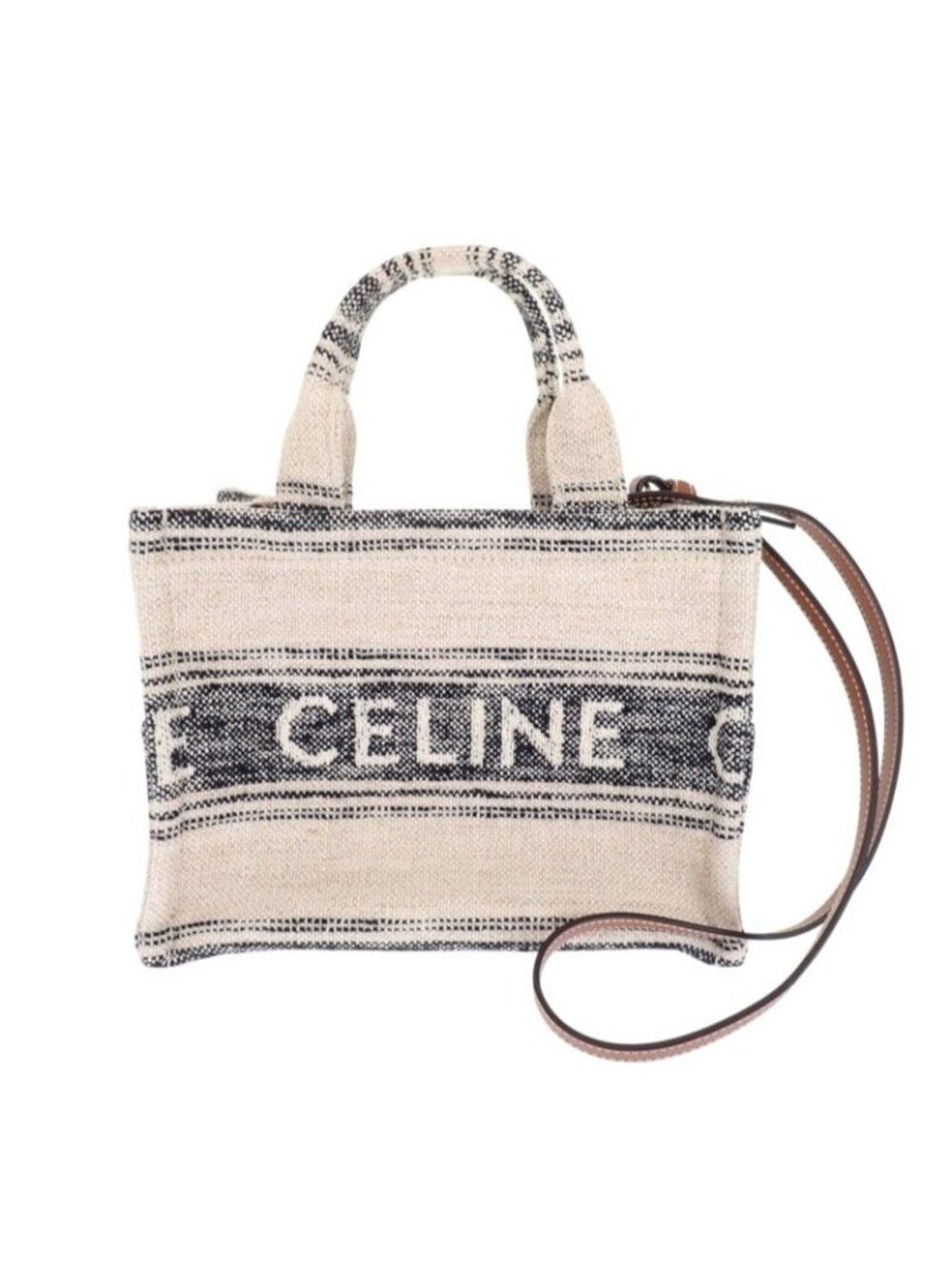 Celine Small Cabas Thais Jacquard Shoulder Bag Tote Cotton Calfskin White Navy - Picture 4 of 14